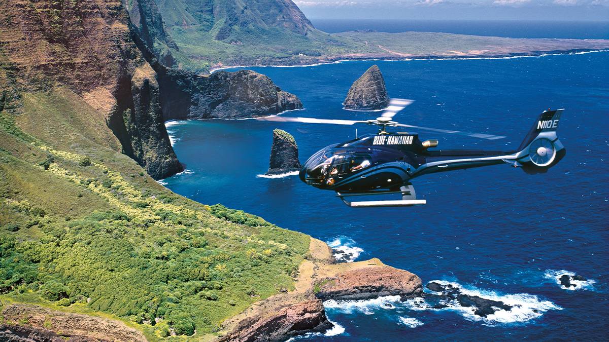 Helicopter over the ocean with Blue Hawaiian Helicopter Tours - Maui, Hawaii, USA